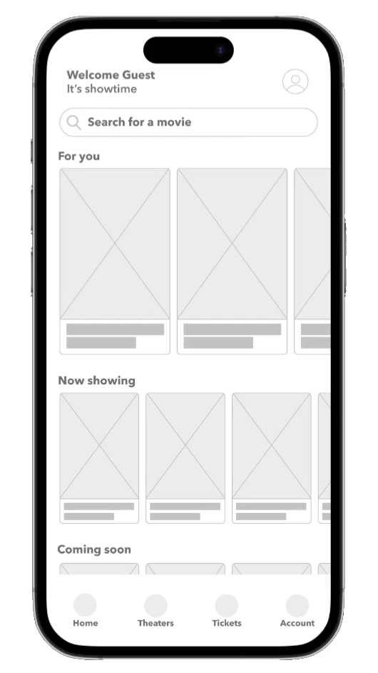 Video GIF showing process of purchasing tickets on the app using the low fidelity prototype