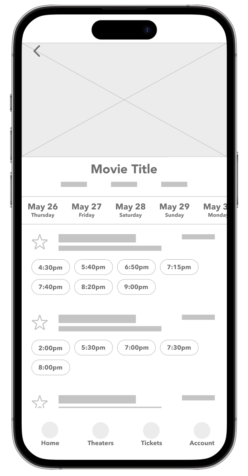 Digital wireframe of Cinematix time selection page