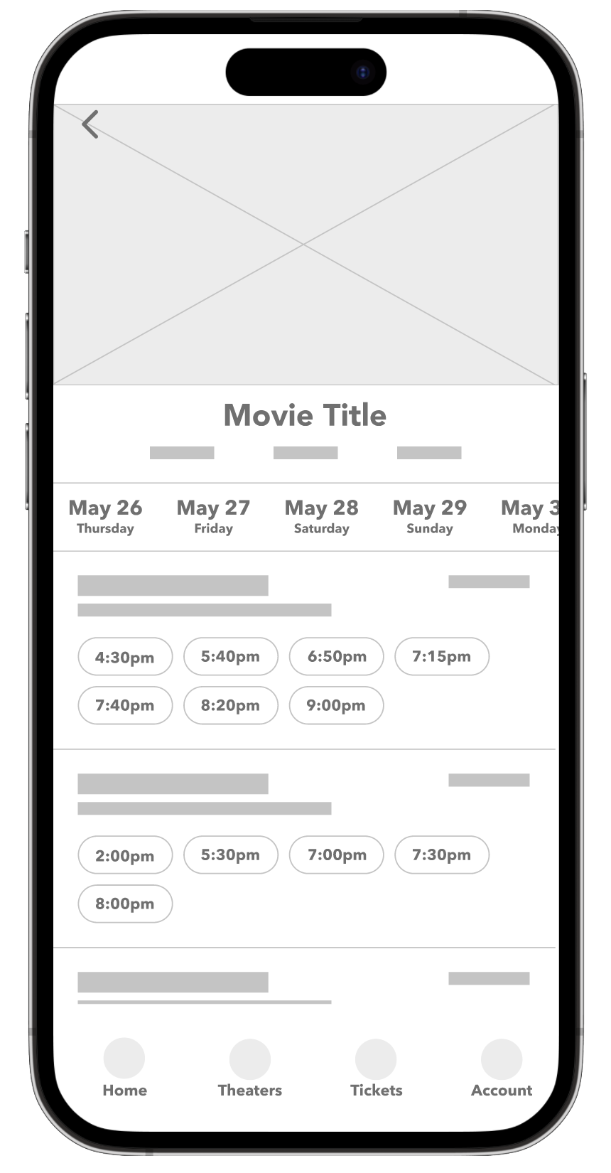 Digital wireframe of Cinematix time selection page without stars and with seperators