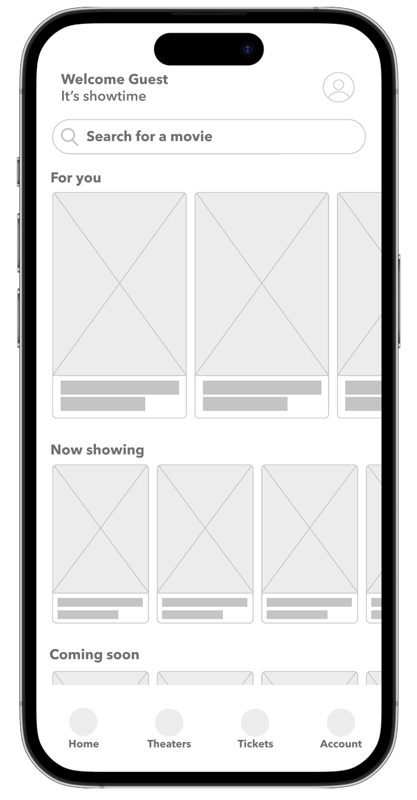 Digital wireframe of Cinematix home screen