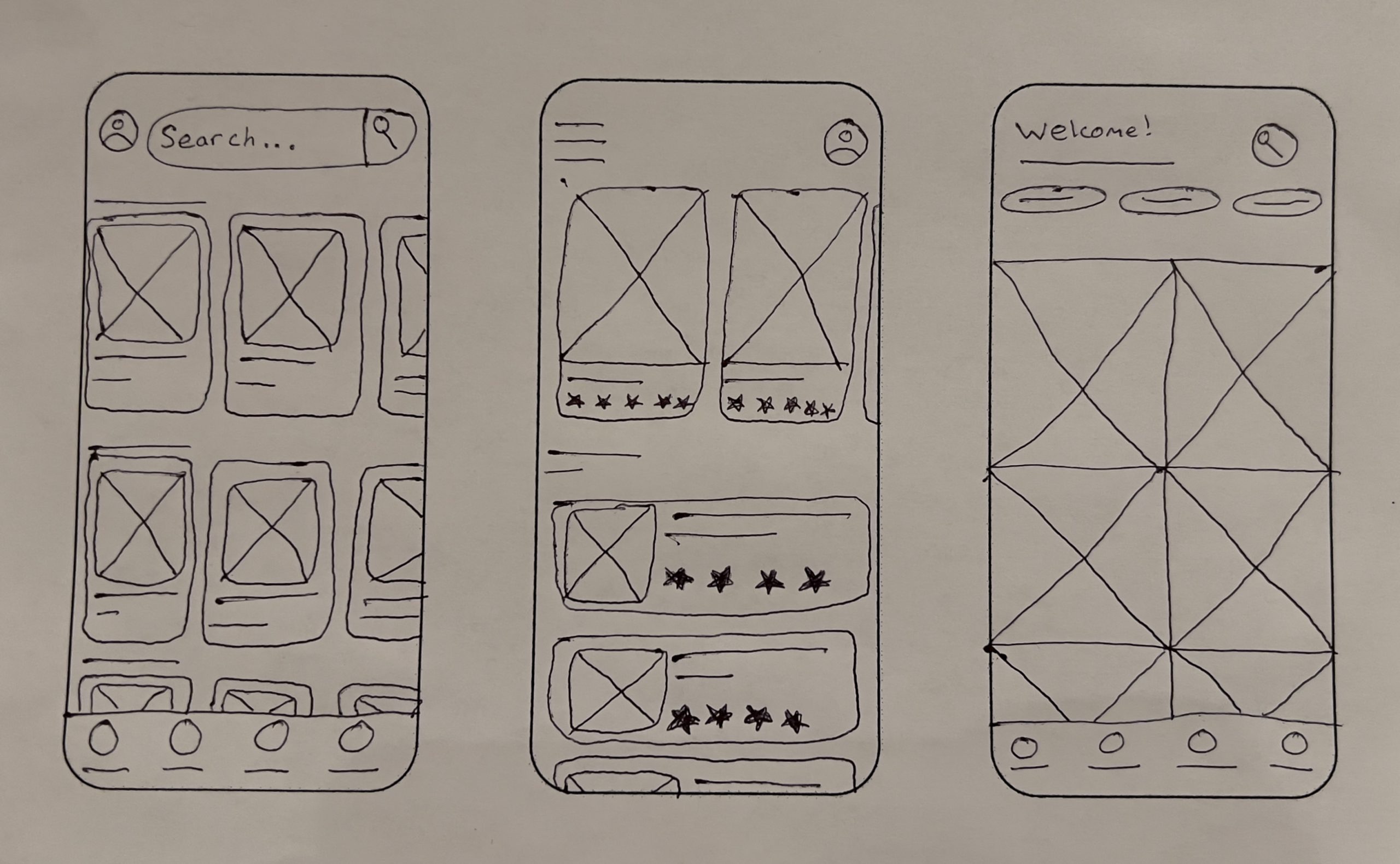 3 hand-drawn wireframes for the home screen of the Cinematix app