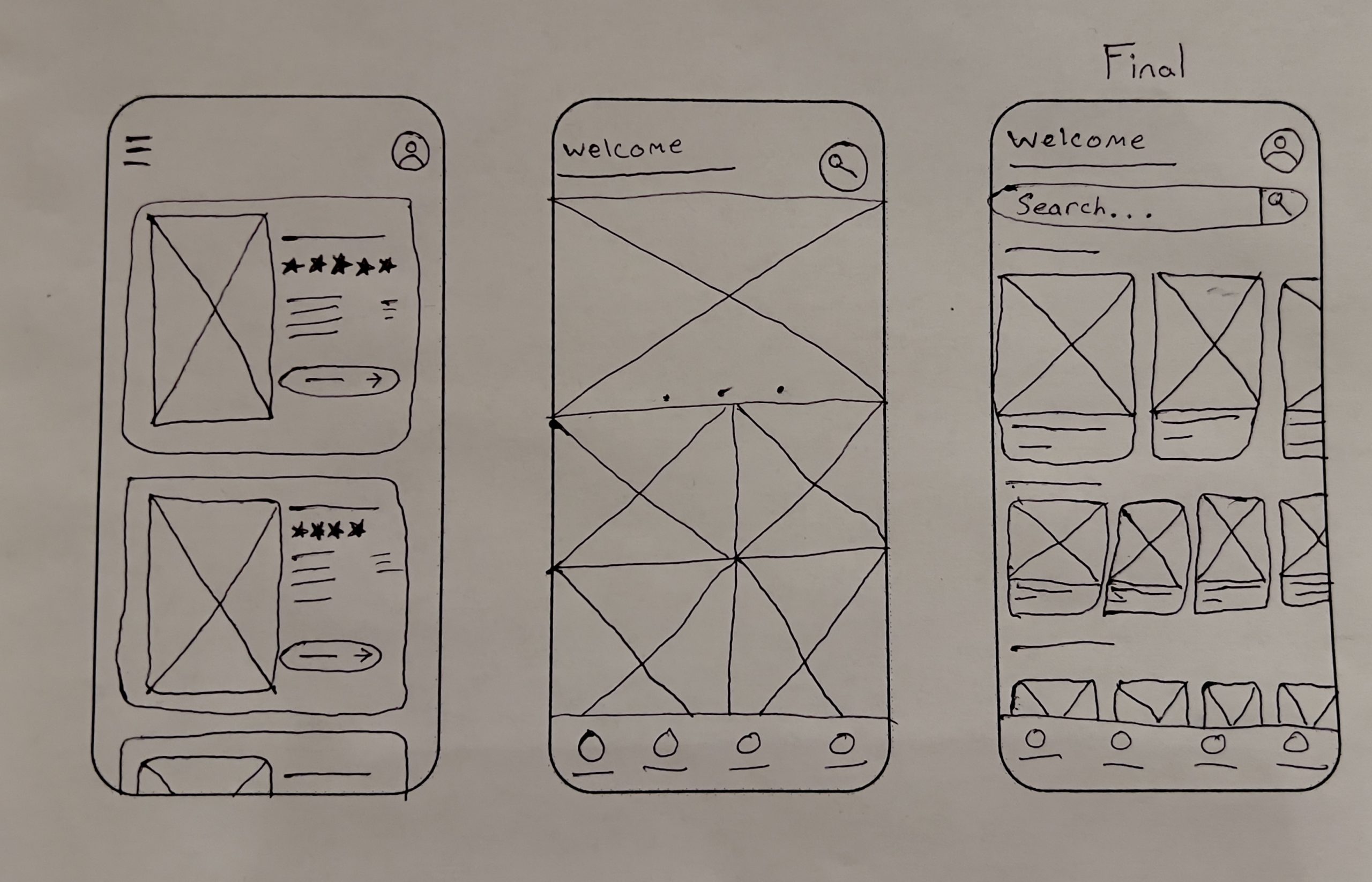 3 more hand-drawn wireframes for the home screen of the Cinematix app inlcuding final draft